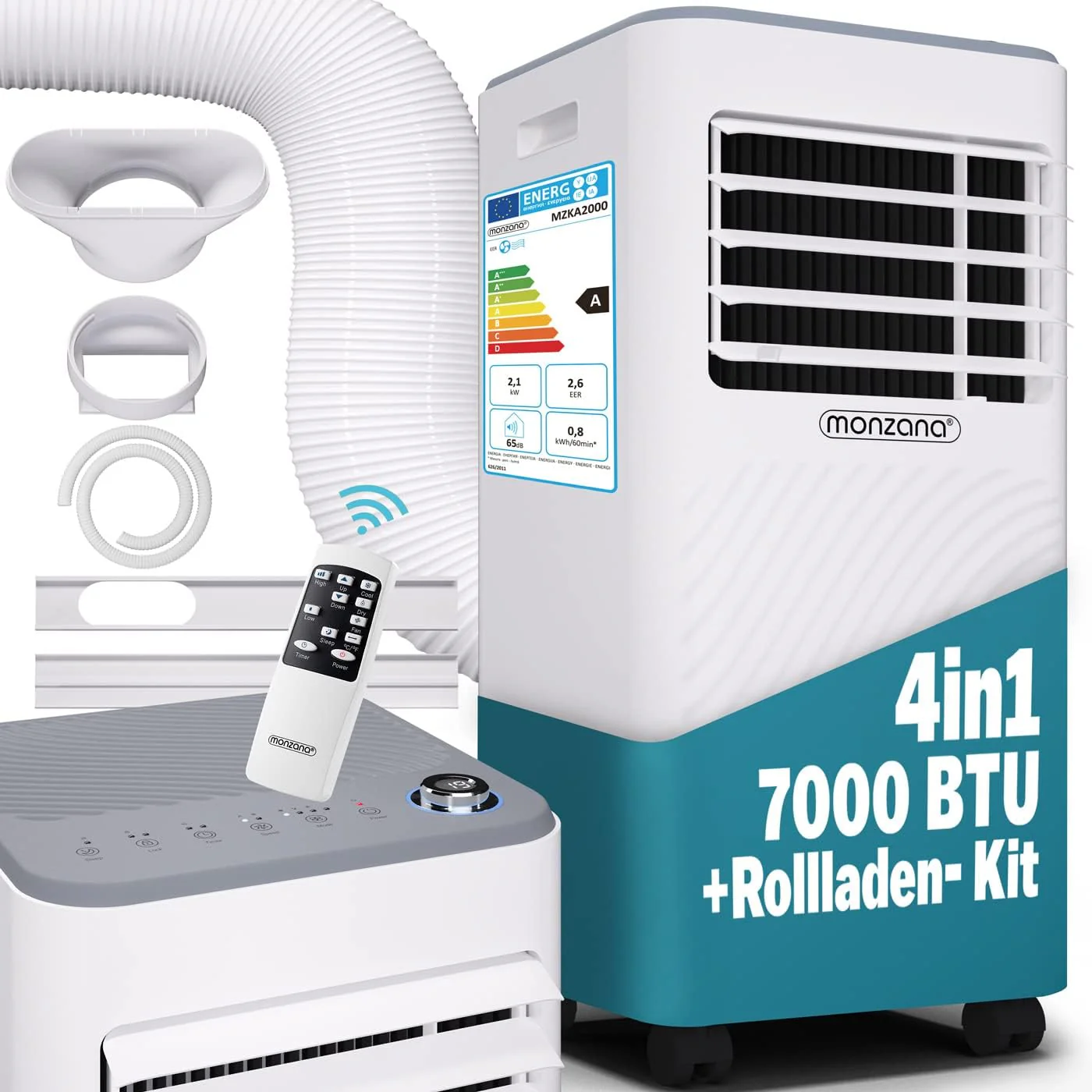Monzana® mobil klímaberendezés MZKA2000 elszívótömlővel, 7000 BTU, 3 az 1-ben, 750W, 24 órás időzítő, 25 nm, távirányító, páramentesítő, redőnyszett, légkondicionáló