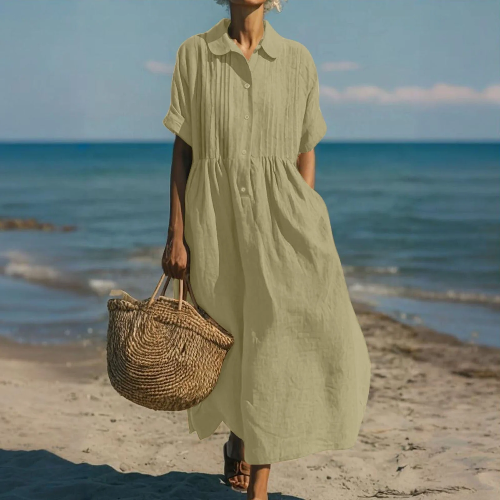 Women��s Midi Dress Breathable Cotton Button-Front Summer Style