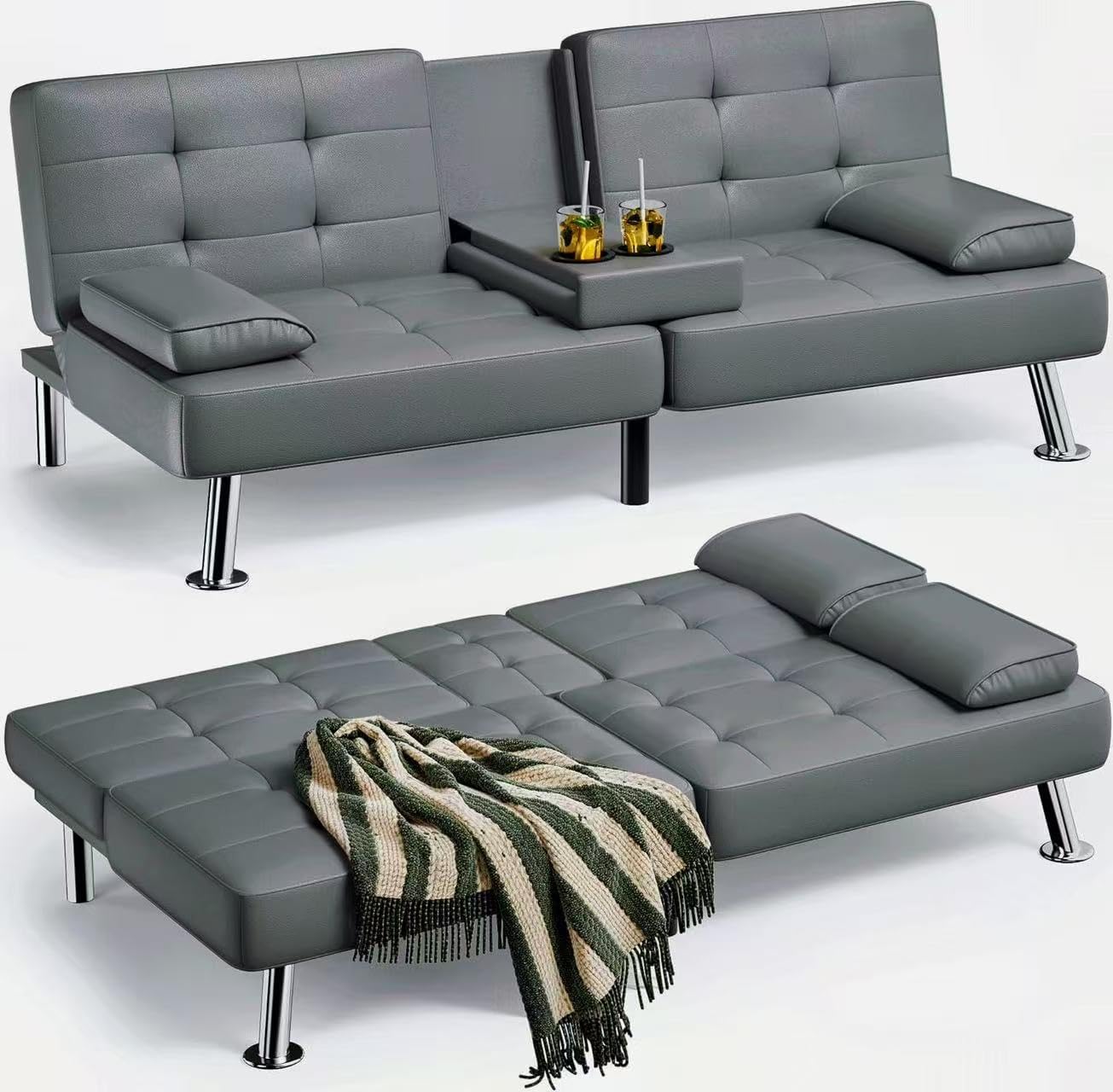 Homall Futon Sofa Bed Leather Futon Couch Removable Armrests Adjustable Recliner Sofa Bed