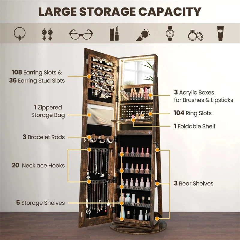 Eletriclife 360�� Swivel Jewelry Cabinet Armoire with Full Length Mirror & 3-Color LED Lights