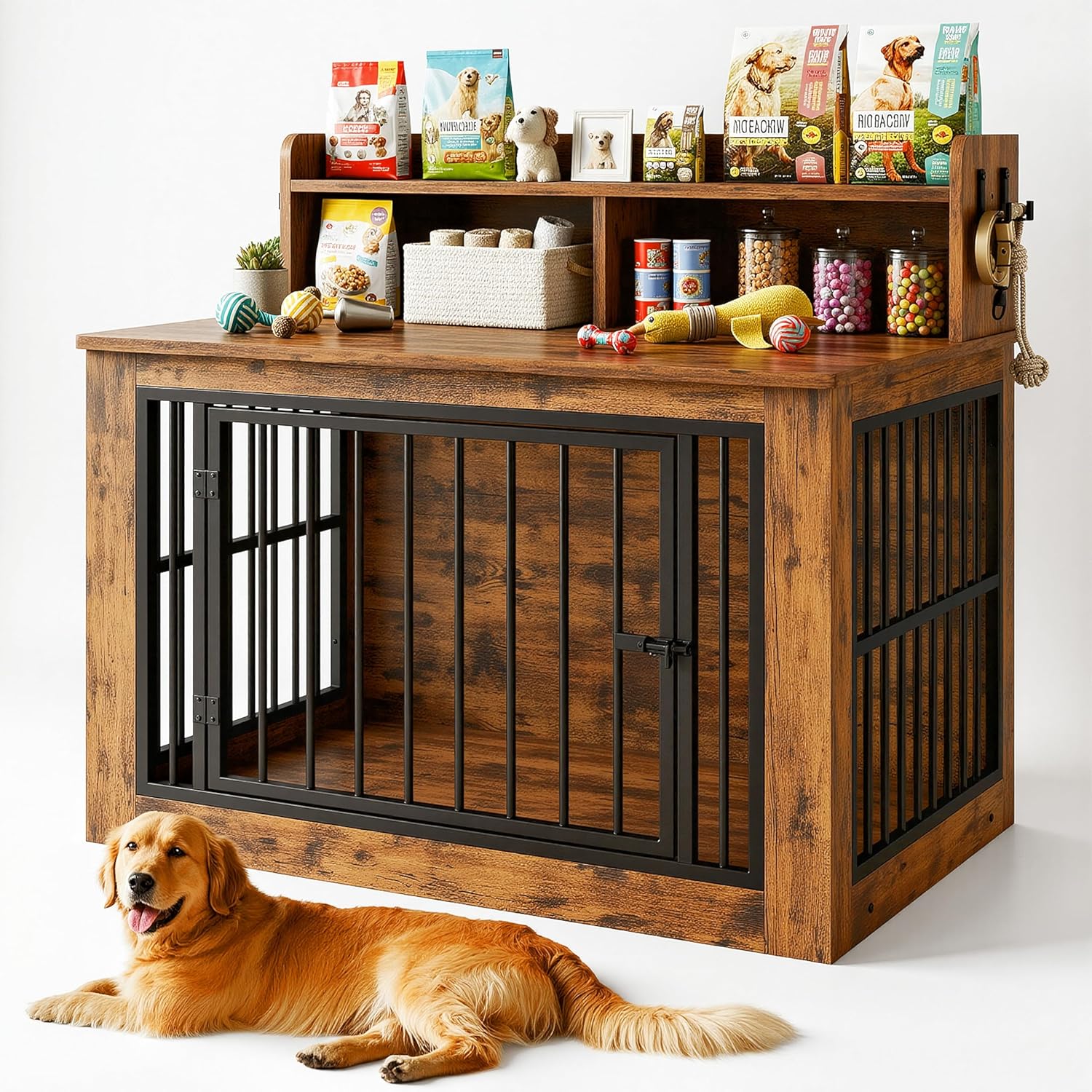 IRONCK Extra Large Dog Crate Furniture, 43.3 inches Wooden Dog Crate with Storage and 4 Hooks, Heavy Duty Pet Crate for Large Dog, Decorative Pet Cage for Indoor (30