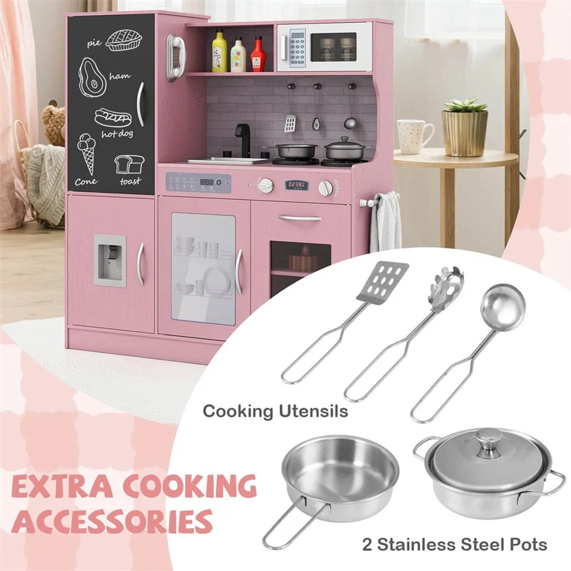 Large Wooden Kids Kitchen Playset, Little Chef Pretend Toy Kitchen Set w/Chalkboard, Microwave, Real Sounds & Lights for Toddlers Age 3+