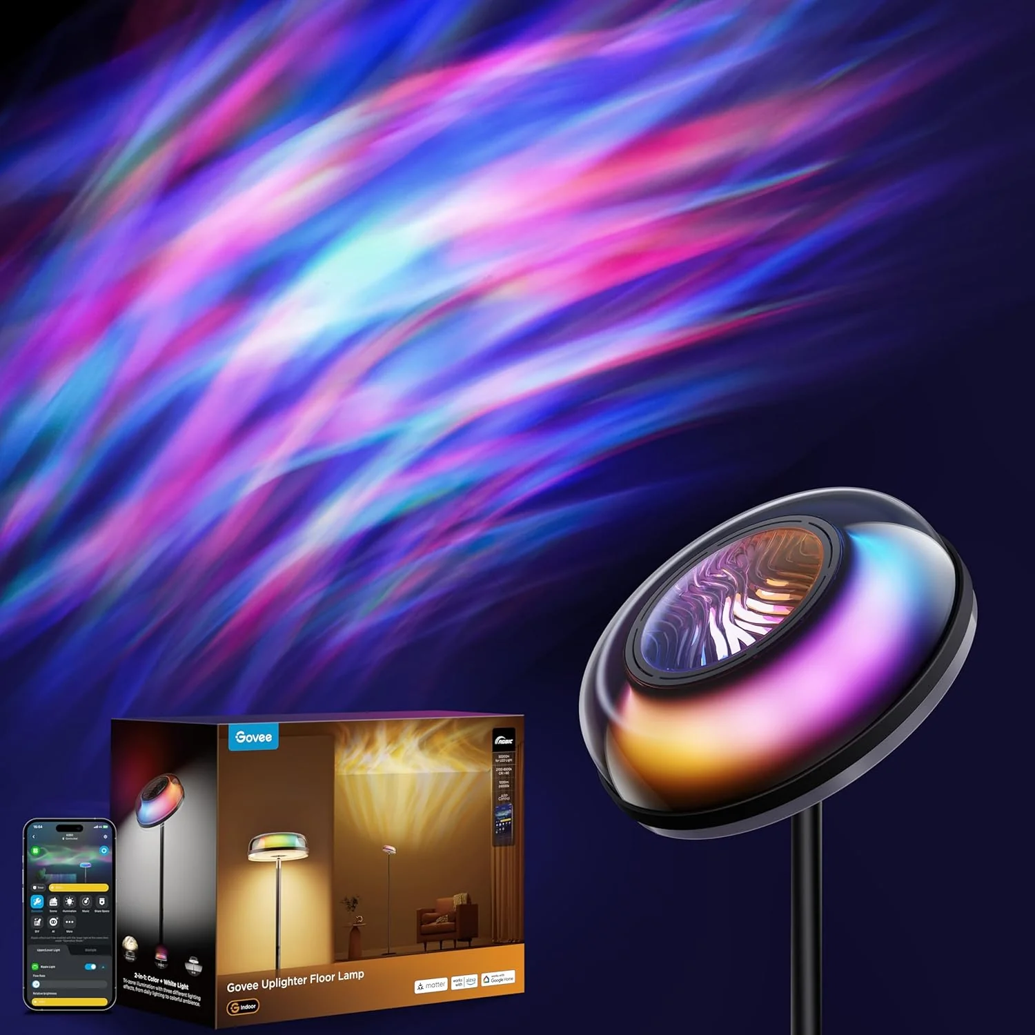 Govee Uplighter állólámpa nappaliba, RGBIC hullámprojektor, állólámpa hálószobába, kompatibilis a SmartThings, Alexa és Matter rendszerekkel, LED modern sarok állólámpa, meleg és hideg fehér állólámpa