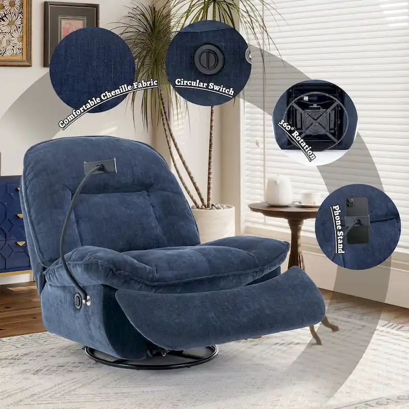 Clihome Adjustable Swivel Chenille Recliner with Phone Holder