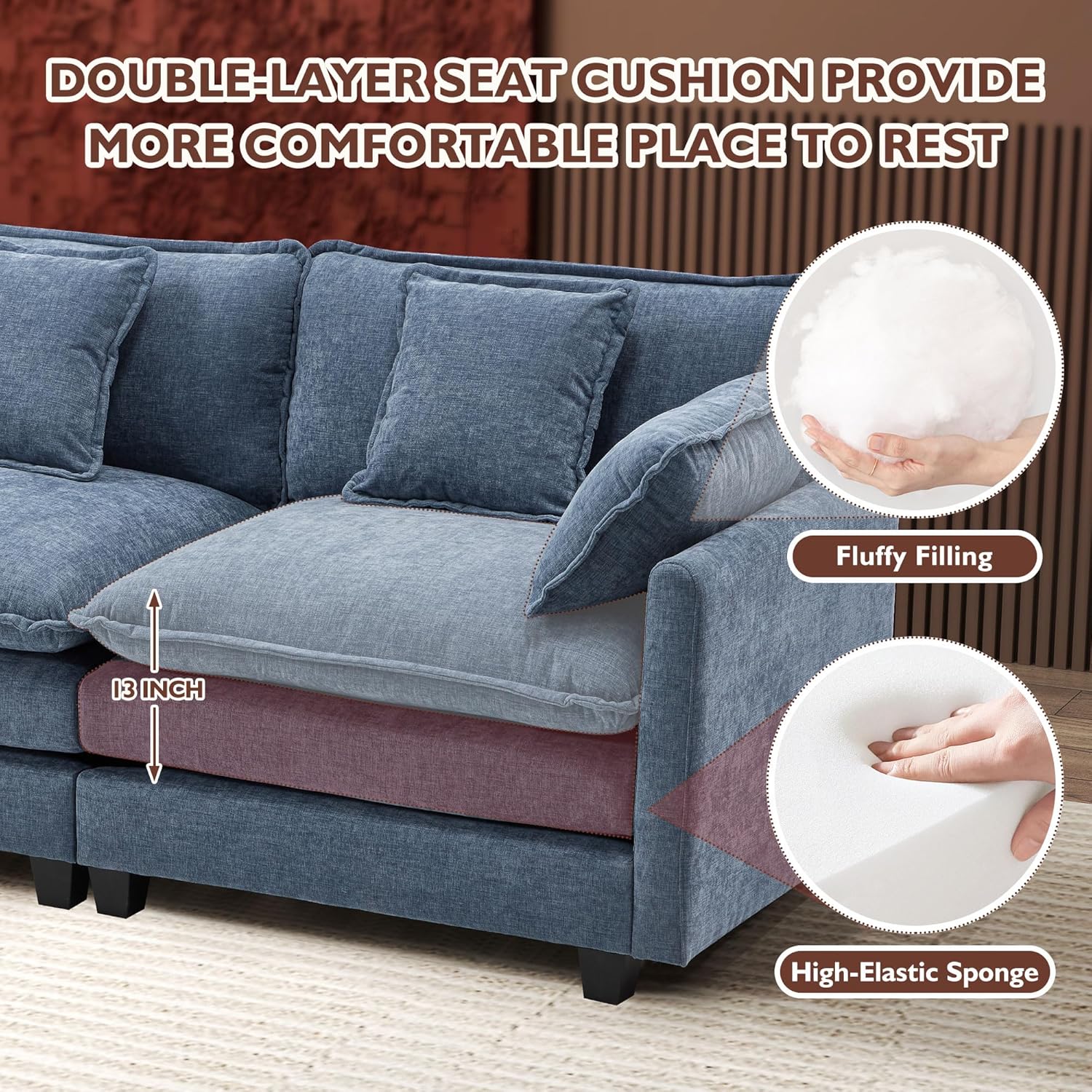 111.4 Inch L-Shaped Modern Sofa Modular Cloud Sofa Ottoman 4-Seater Chenille Deep Seat Sofa