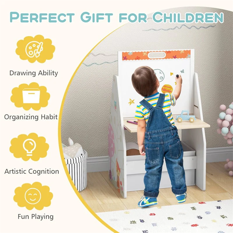 3-in-1 Kids Art Easel with Chair, Wooden Toddler Easel Table & Chair Set w/ Double-Sided Magnetic Whiteboard & Chalkboard, Bookshelf, Storage