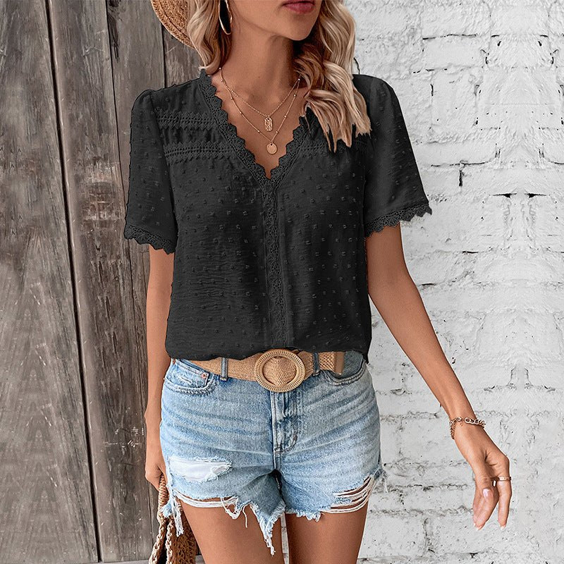 Women��s Bohemian V-Neck Blouse with Lace Trim and Swiss Dot Texture