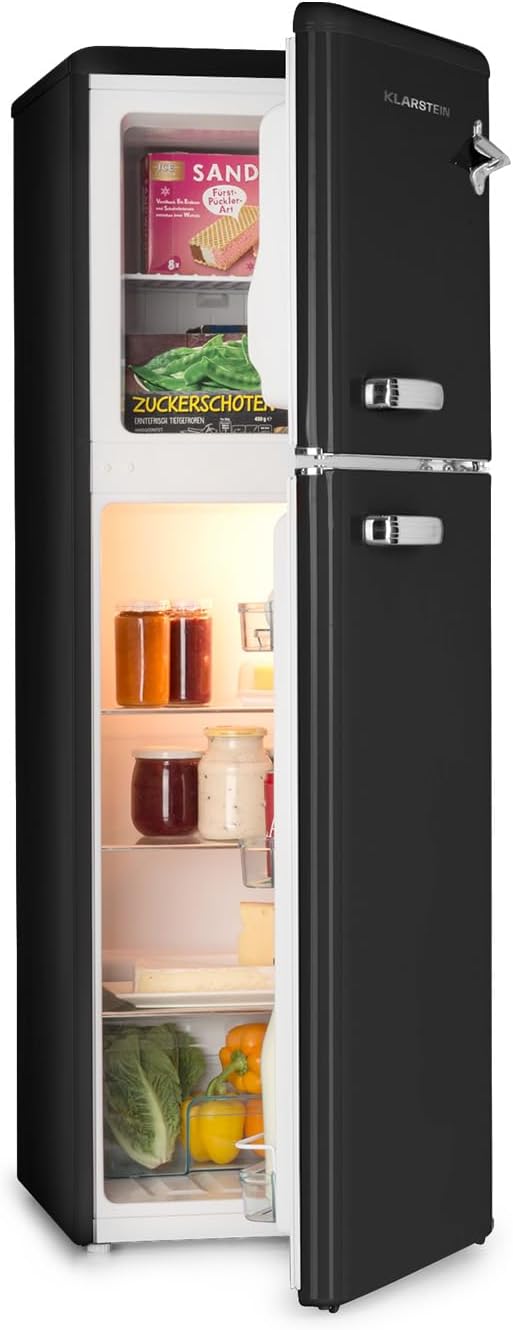 Klarstein Audrey Retro – Retro-Kühl-/Gefrierkombination, Kühl- und Gefrierschrank, Kühlschrank, stufenlos einstellbare Kühlleistung, Innenbeleuchtung, 41 dB Betriebsgeräusch, Schwarz