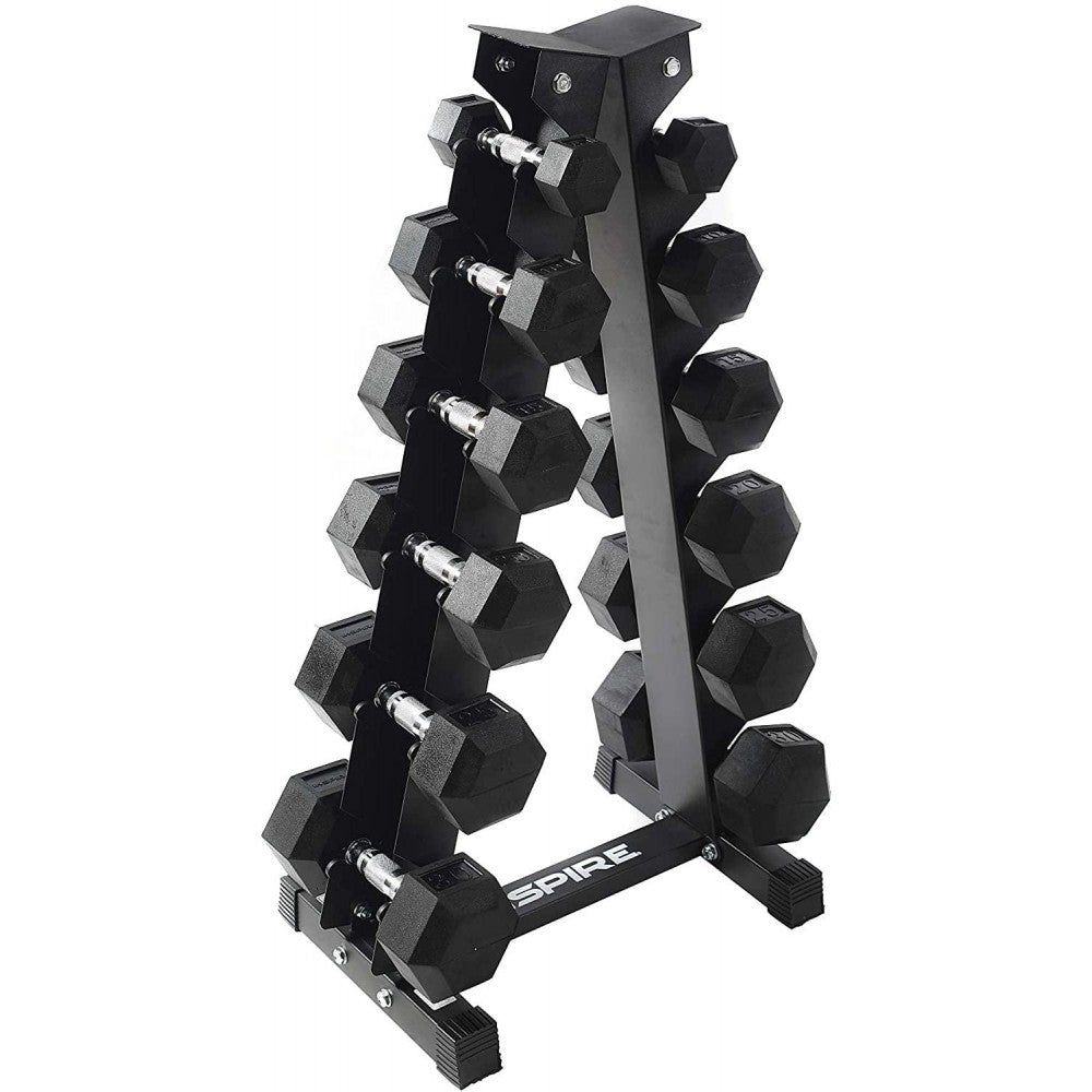 Inspire Fitness 210 lb. (5-30 lb.) Rubber Dumbbell Set with 6 pair Vertical Rack