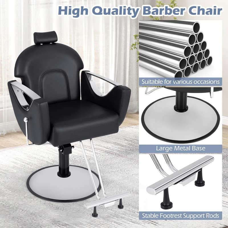 Reclining Barber Chair, 360° Swivel Salon Chair with Heavy Duty Hydraulic Pump, Adjustable Height & Headrest for Hair Styling, Makeup, Tattoo