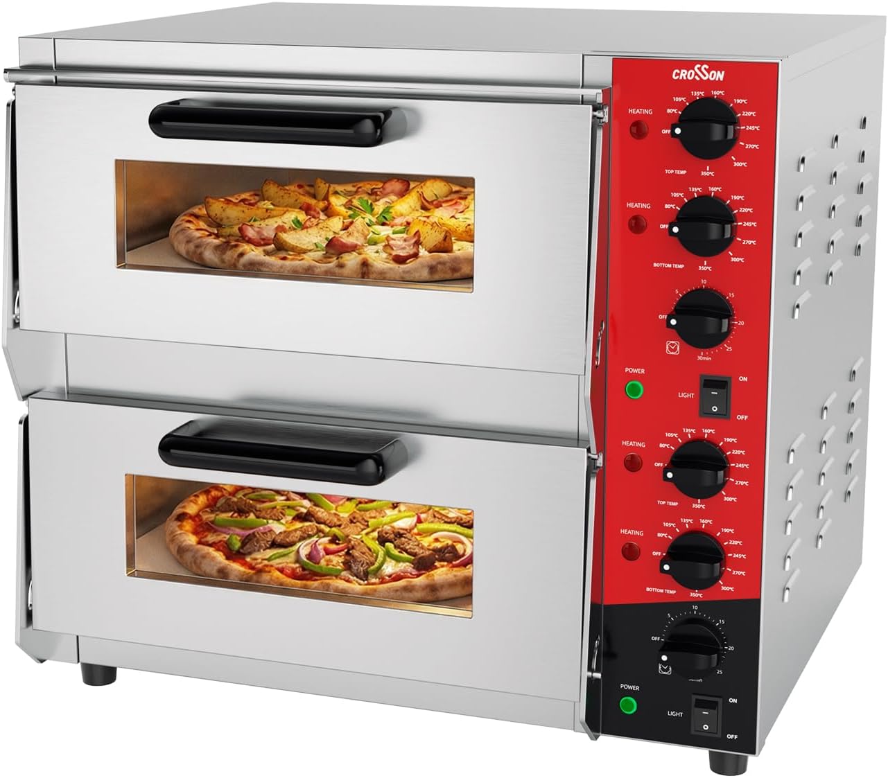 CROSSON Forno Pizza Elettrico Doppio 16 Pollici,Forno Pizza Professionale in Acciaio Inox 230V/4000W con Pietra e Maniglia,per Interni Ristorante Cottura Casa Cucina