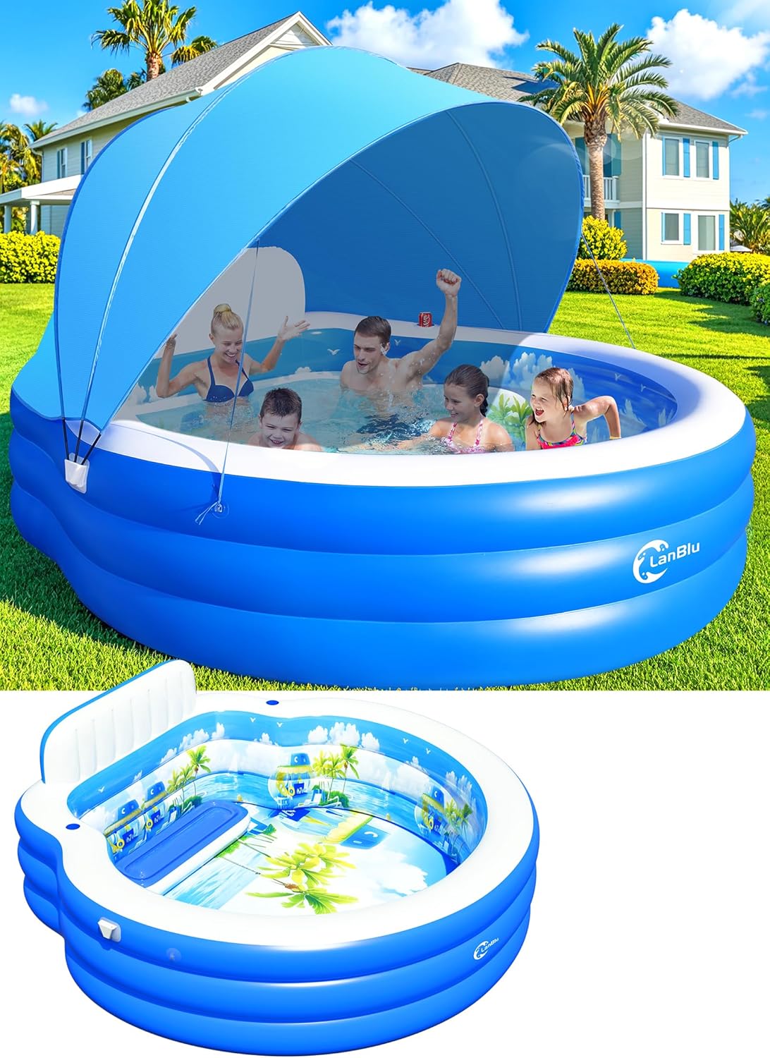 2026 Upgraded Inflatable Pool with Canopy, Inflatable Family Lounge Pool, Round Blow Up Pool for Adult with Bench & Backrest, Swim Center Easy Backyard Pools for Kids & Adults, 92"x92"x26", Blue
