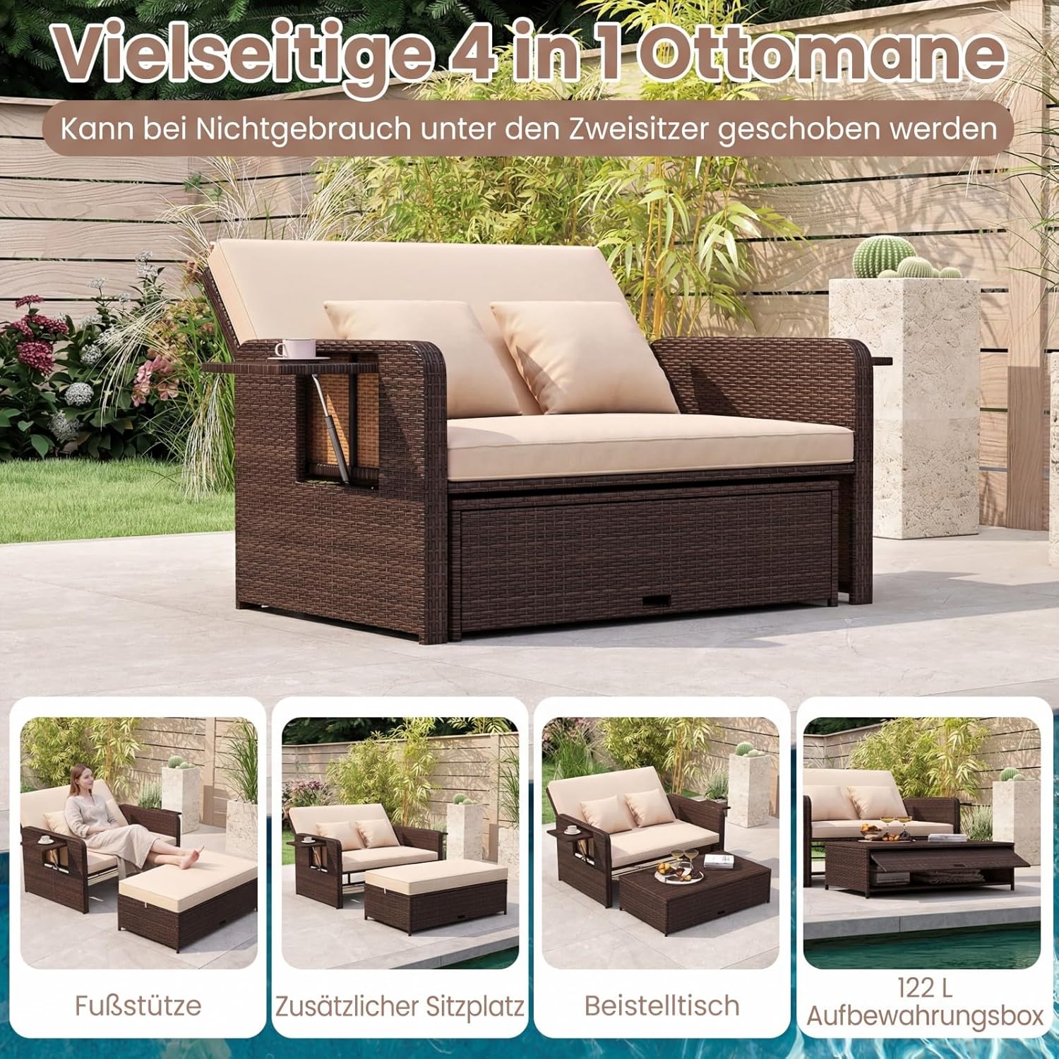 COSTWAY 3 in 1 Polyrattan Sonnenliege, Gartenliege mit Verstellbarer Rückenlehne & Seitenablagen, Loungebett, Doppelliege mit Kissen, Gartensofa mit Hocker & Stauraum für Garten