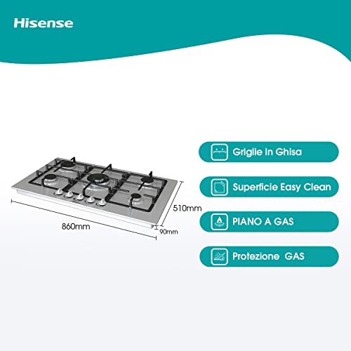 Hisense GM973XF Piano Cottura a Gas, 5 Zone di Cottura, Larghezza 90 cm, Griglie in Ghisa, Accensione Integrata, Inox Anti Impronta, Bruciatore Wok 86x51x9cm : Amazon.it: Grandi elettrodomestici