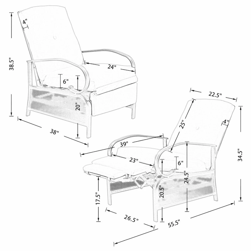 Adjustable Recliner Lounge Chair Patio Lounge Sofa with Cushion - 38 (D) x 26.5 (W) x 38.5 (H) INCH