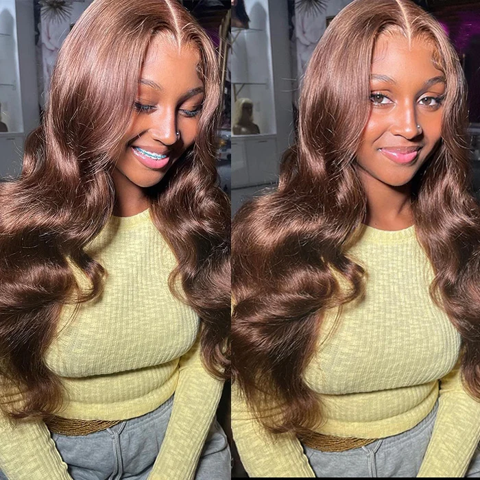 Chocolate Brown Colored 13x4 HD Lace Front Body Wave Wigs With Pre-plucked Hairline Human Hair Wigs