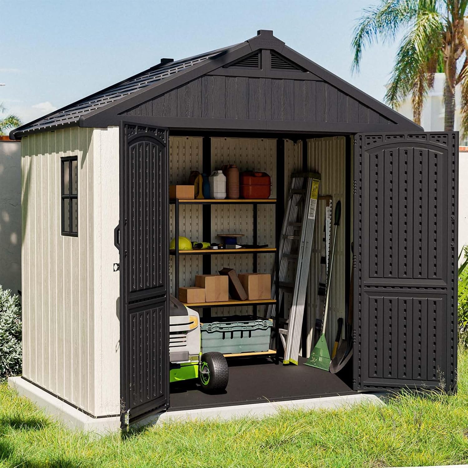 Patiowell 8 x 6 FT Plastic Outdoor Storage Shed with Floor  Resin Shed with Window and Lockable Door for Garden  Backyard  Tool Storage Use  Easy to Install in Beige (Kick-it Shed)