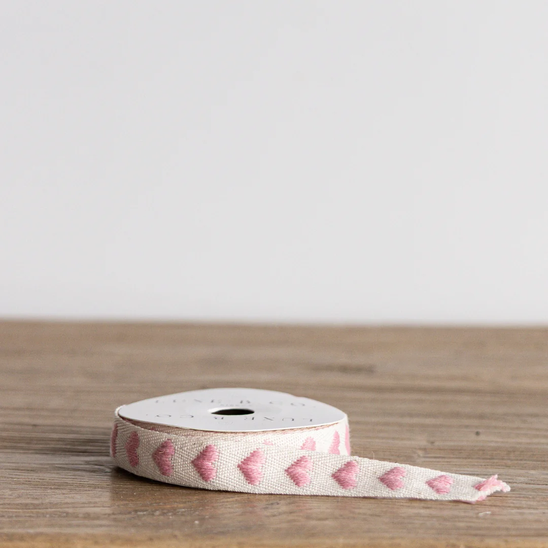 Rosewood Pink Hearts Woven Ribbon