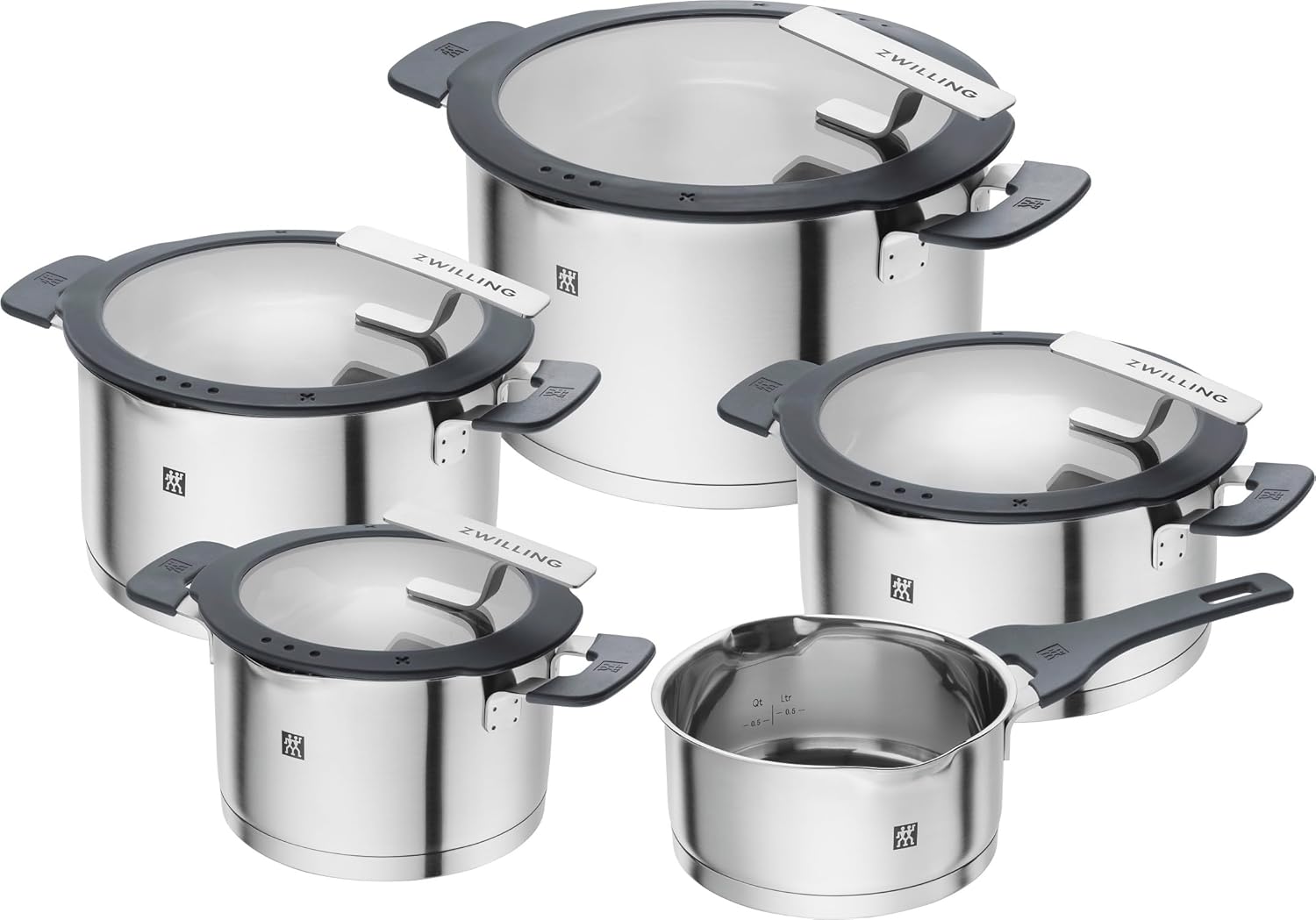 ZWILLING Simplify Kochtopf-Set 5-teilig, Mit Ausgießfunktion, Stay-Cool-Griffe, Induktionsgeeignet, Edelstahl, Silber