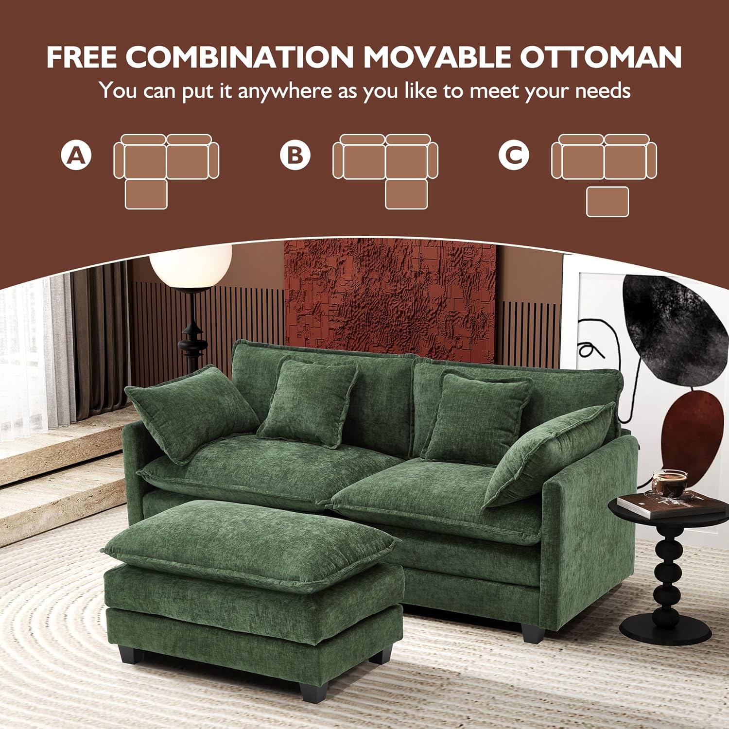 111.4 Inch L-Shaped Modern Sofa Modular Cloud Sofa Ottoman 4-Seater Chenille Deep Seat Sofa