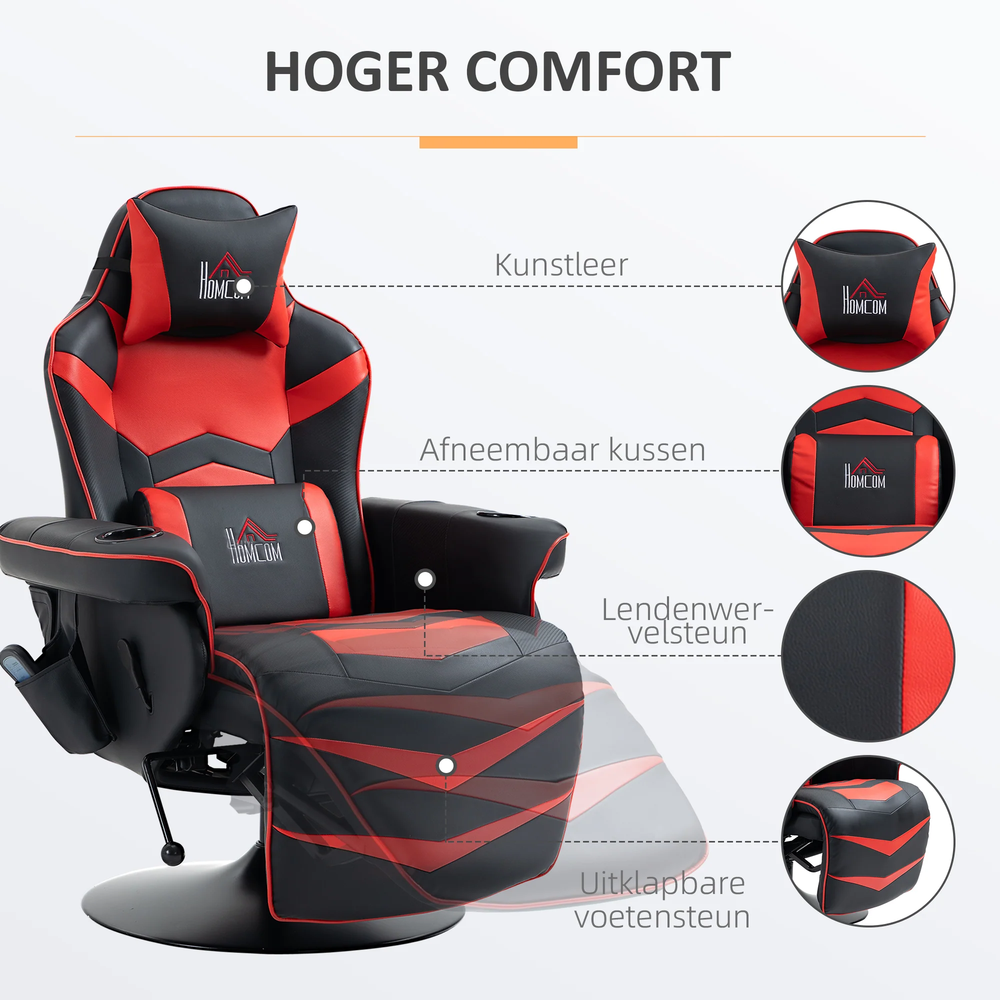 HOMCOM Gaming-stoel met massagefunctie, inclusief voetensteun, ligfunctie, rood + zwart.