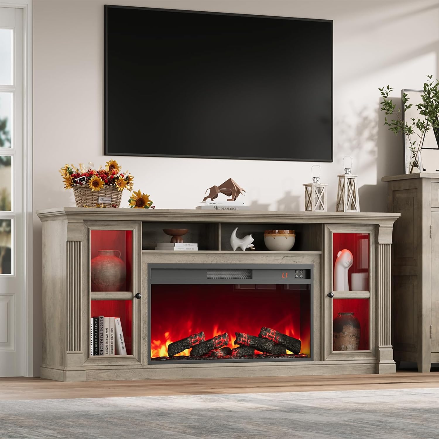 Farmhouse Fireplace TV Stand Up to 80" TVs, 70" Modern Highboy Entertainment Center with 36" Electric Fireplace & LED Lights, Media Console with Adjustable Shelves for Living Room, Gray