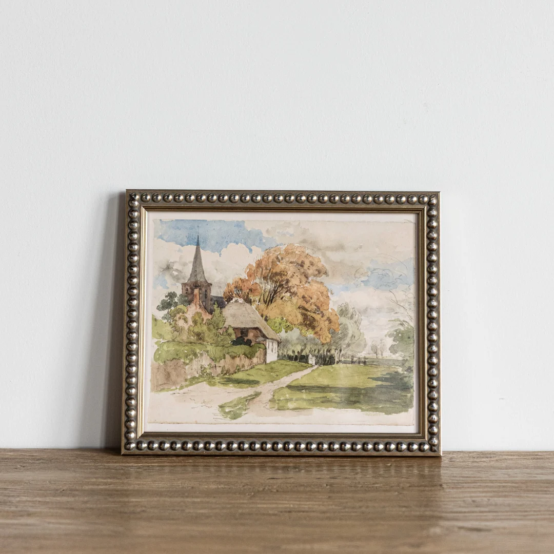 Vintage Watercolor Church Landscape Framed Art