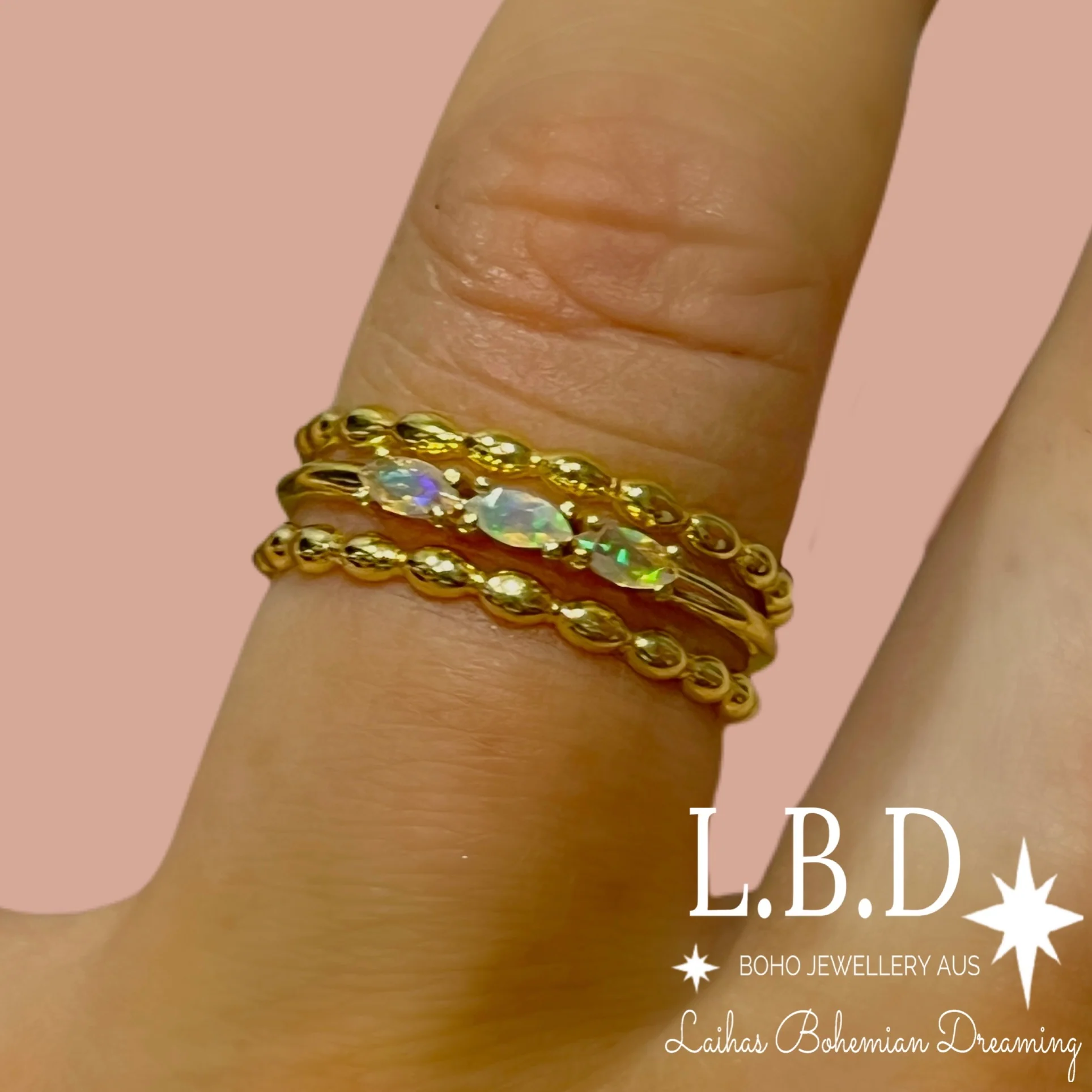 Laihas Three Of Cups Gold Genuine Opal Ring Set