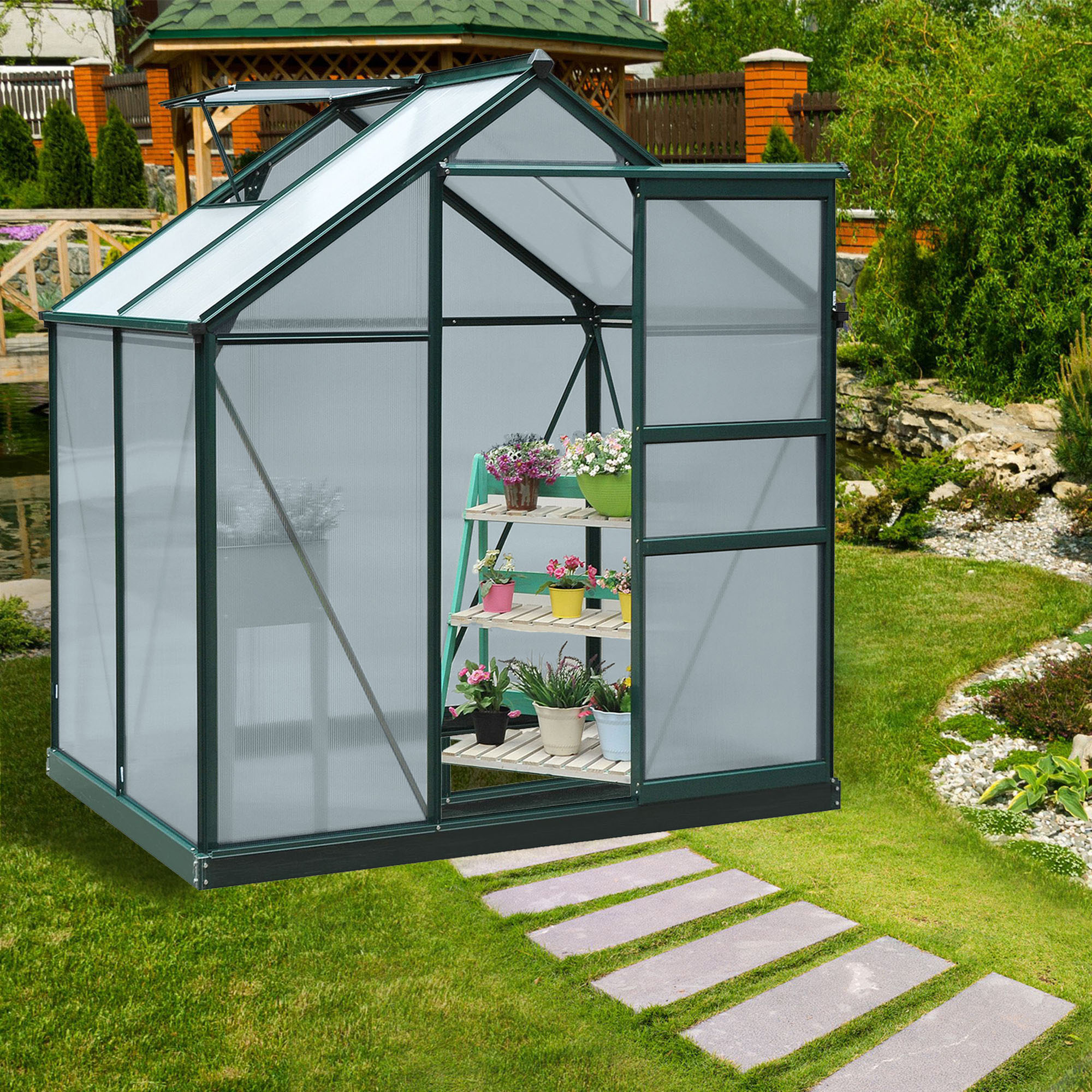 Outsunny kas aluminium kas met dakraam deur 190 x 132 x 201 cm plantenhuis met fundering inloop tomatenhuis weerbestendig polycarbonaat groen + transparant