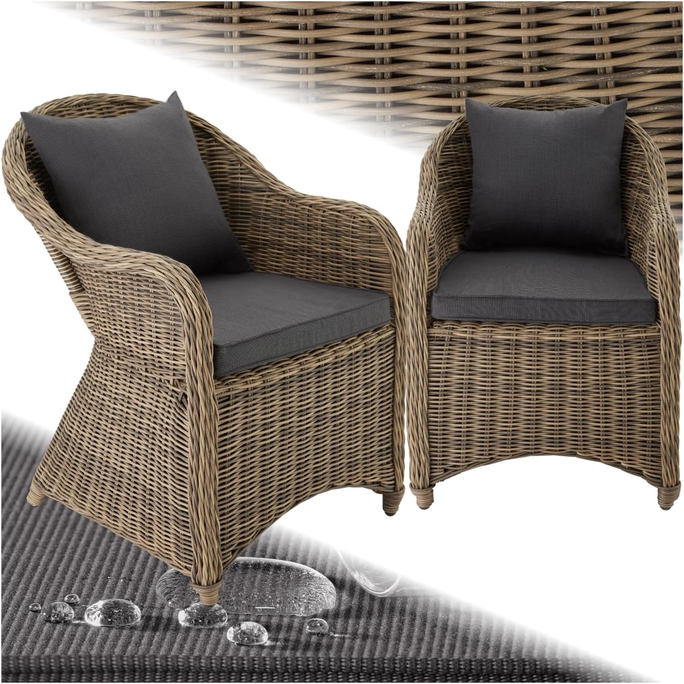 tectake® Alu Polyrattan kerti szék 2 darabos készlet, kerti bútor készlet 2 fotellel, időjárásálló, rattan kerti fotel puha ülőpárnával, levehető és mosható huzattal, stabil és padlókímélő – Natúr