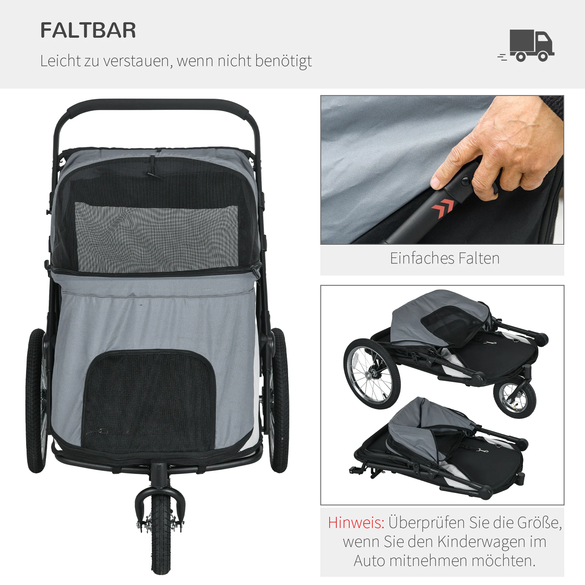 PawHut Hondenbuggy, opvouwbaar, opklapbaar, Ligkussen, Stalen frame, Grijs/Zwart