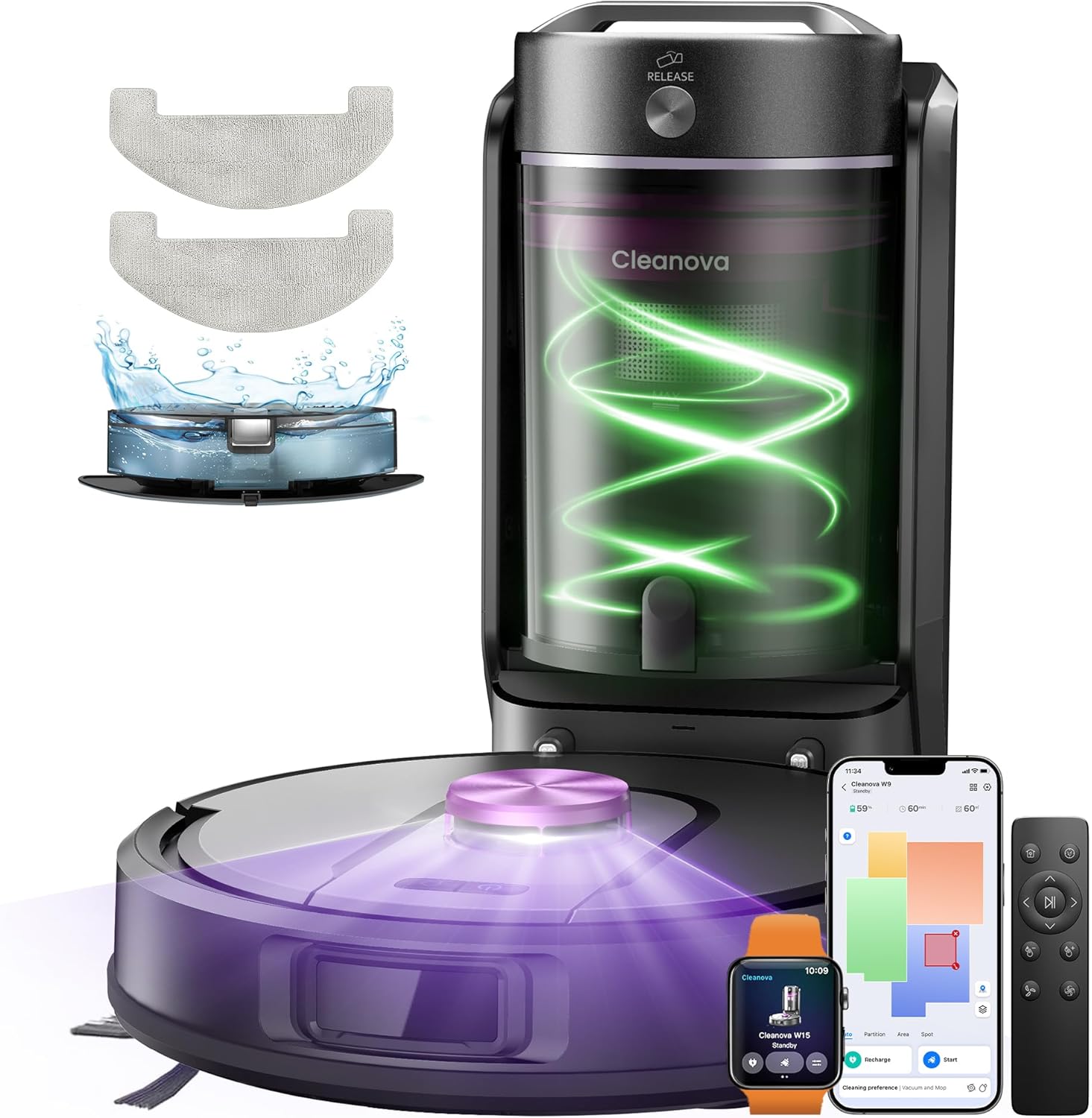 Vexilar W15 Robot Vacuum Cleaner with Mapping 10000PA, 3 Hours Autonomy, Automatic Emptying, Bagless, Robot Vacuum Cleaner Mapping with Station for Carpets/Floors