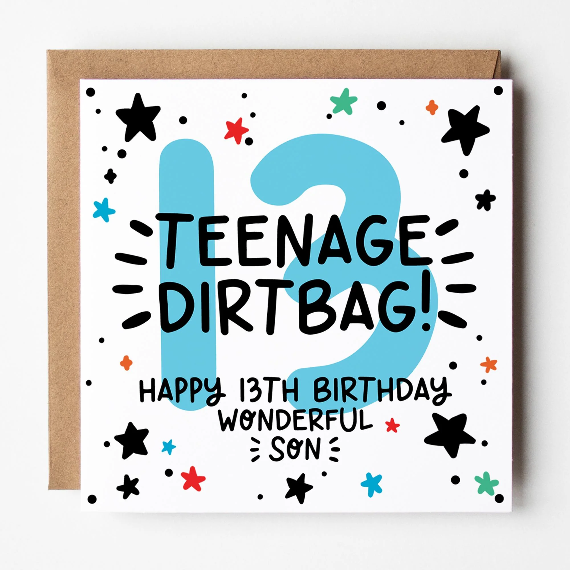 13th Birthday Card for Son Teenage Dirtbag, with Kraft Envelope