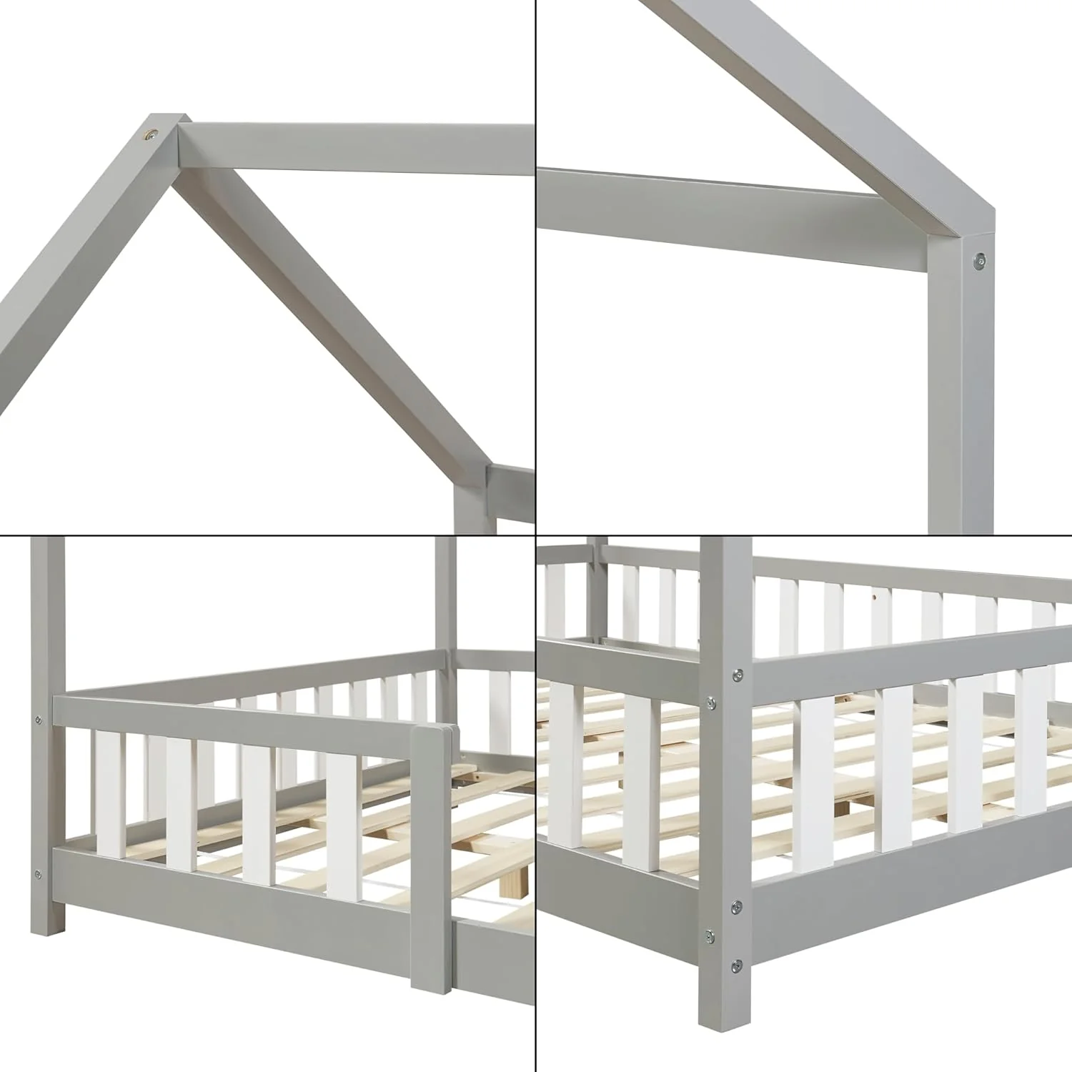 [en.casa] Letto per bambini Sisimiut a capanna 80 x 160 cm con protezione anticaduta letto in legno per bambini letto a terra rete a doghe in legno di pino Bianco opaco
