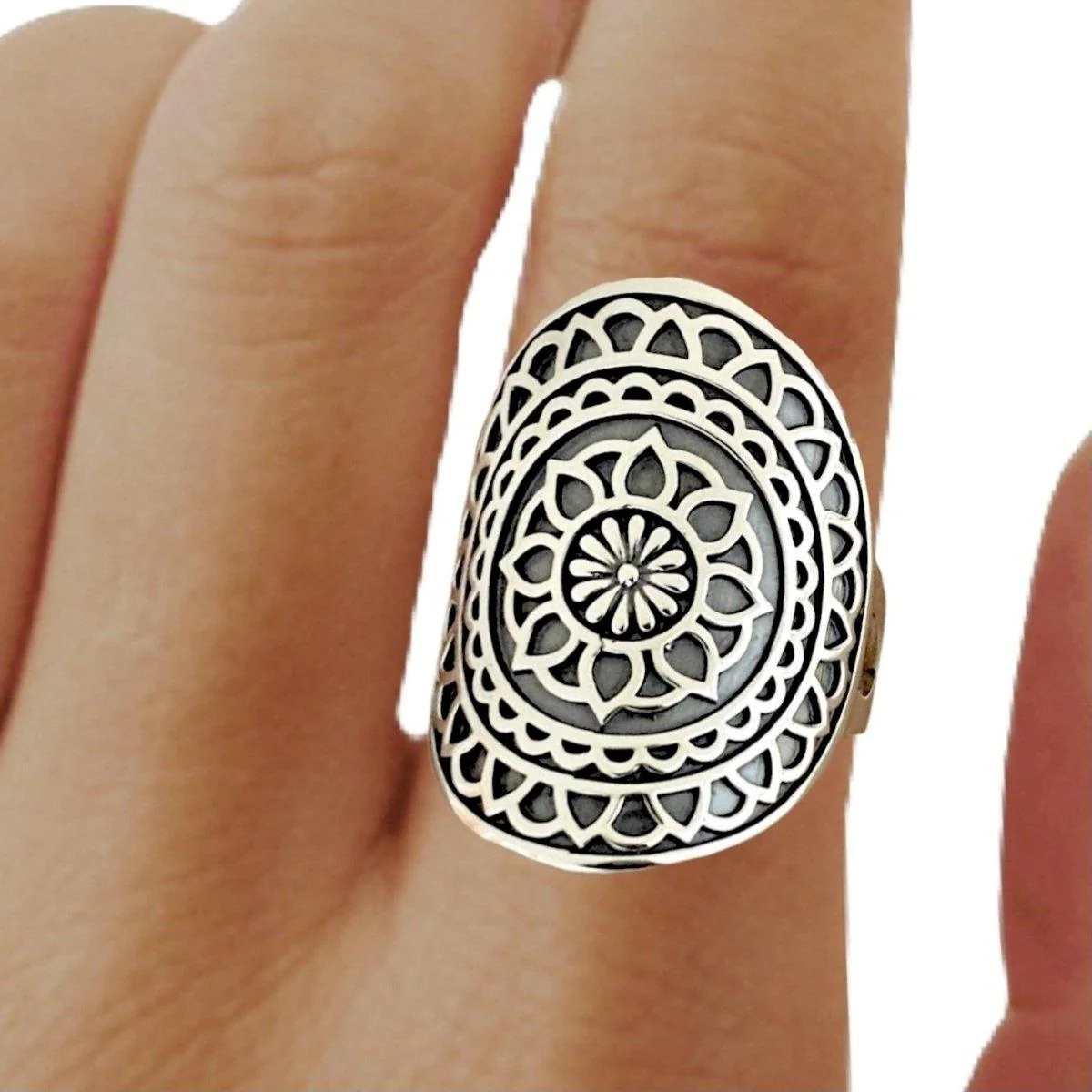 Laihas Sterling Silver Statement Catching Dreams Mandala Boho Ring Ass sizes