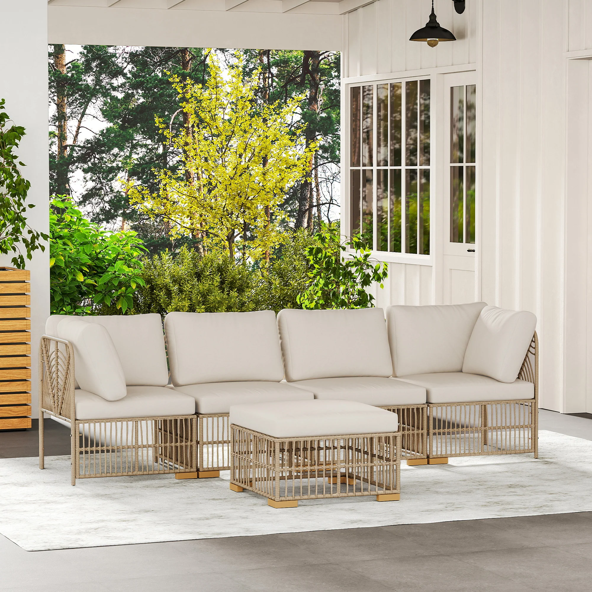 Outsunny 5-delige Tuinmeubelset, 2 Hoekstoelen, 2 Middelstoelen, Voetenbank, Zitkussens, Rugkussens, Lichtbruin+Cremewit