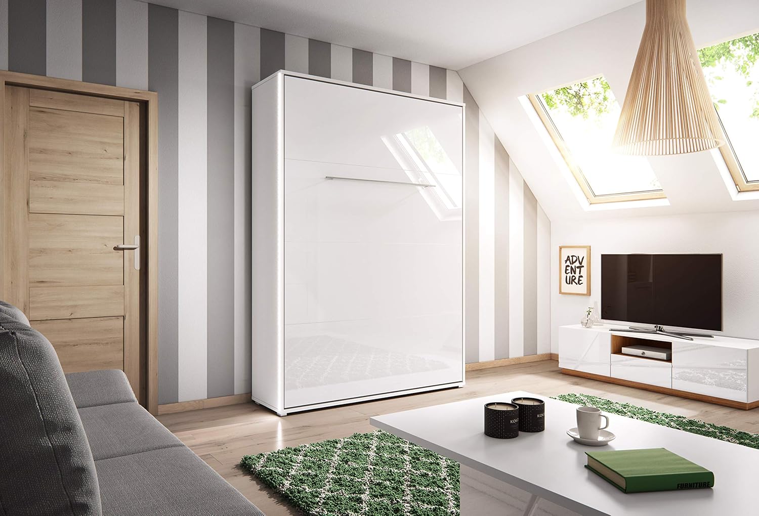 Homlando Lenart Schrankbett - Wandbett Concept Pro CP01 140x200 cm - Schrankklappbett Vertikal - Schrank mit integriertem Klappbett - Funktionsbett (Weiß Matt/Weiß Glanz)