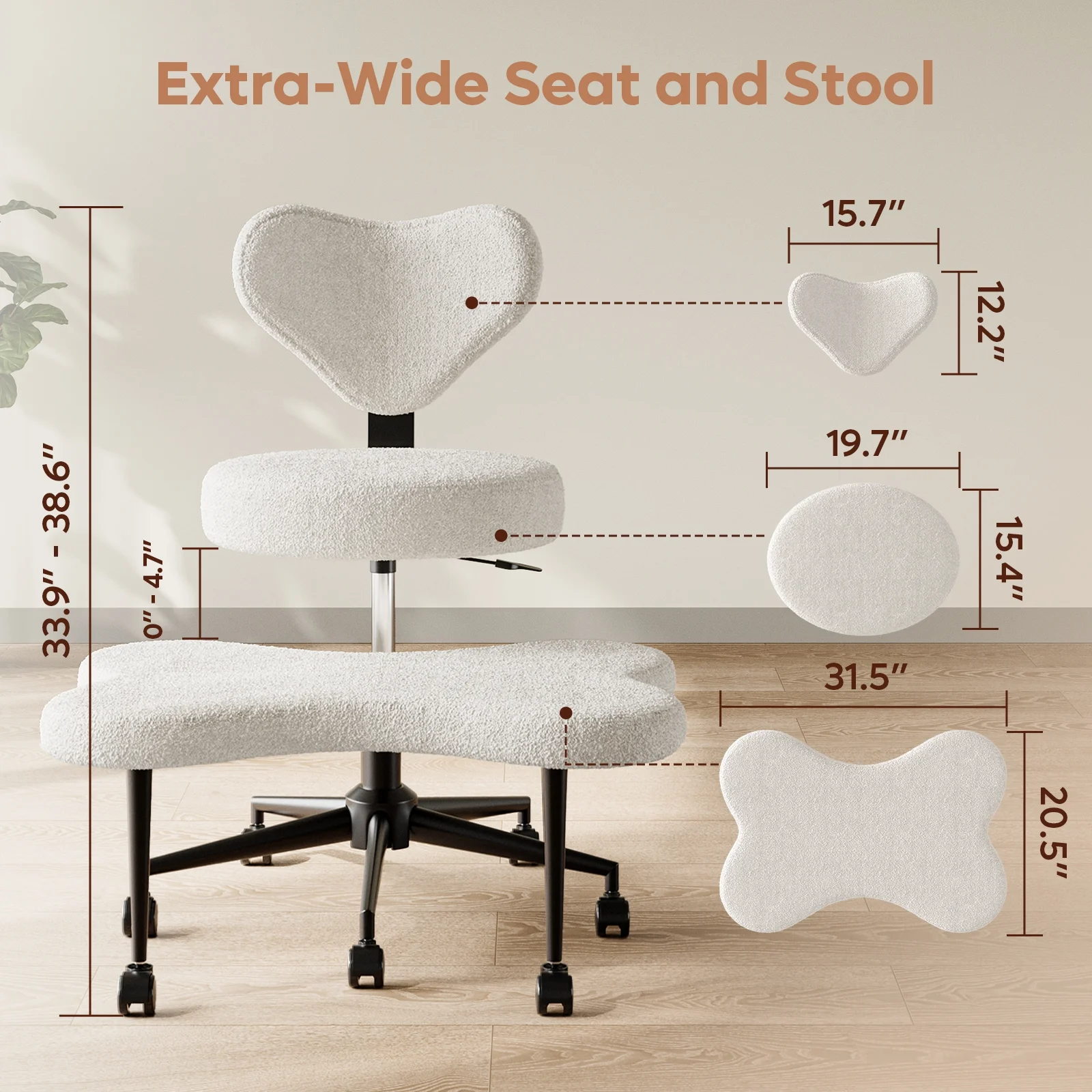 Pinmoco Ergonomic Cross Legged Swivel Chair, Adjustable Height and Teddy Fabric, Meditation& ADHD Chair with Back Support, Home and Office, Off White
