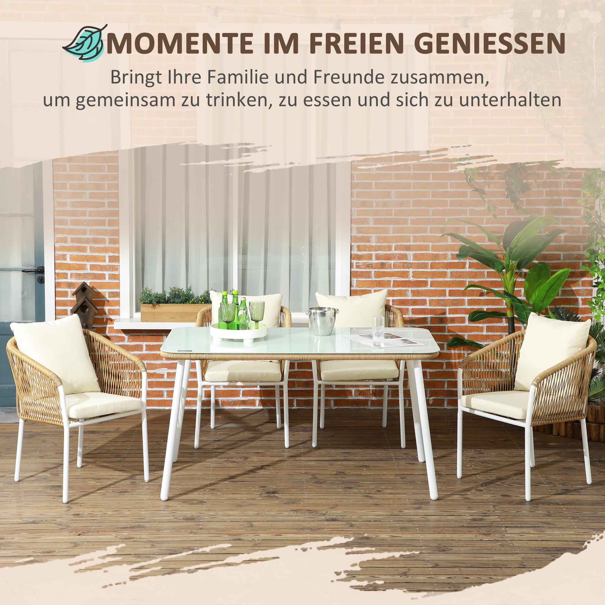 Outsunny Tuinset, 5-delig, Rattanlook, Zit- & Rugkussens, roestvrij Alu-frame, Geel/Wit/Beige