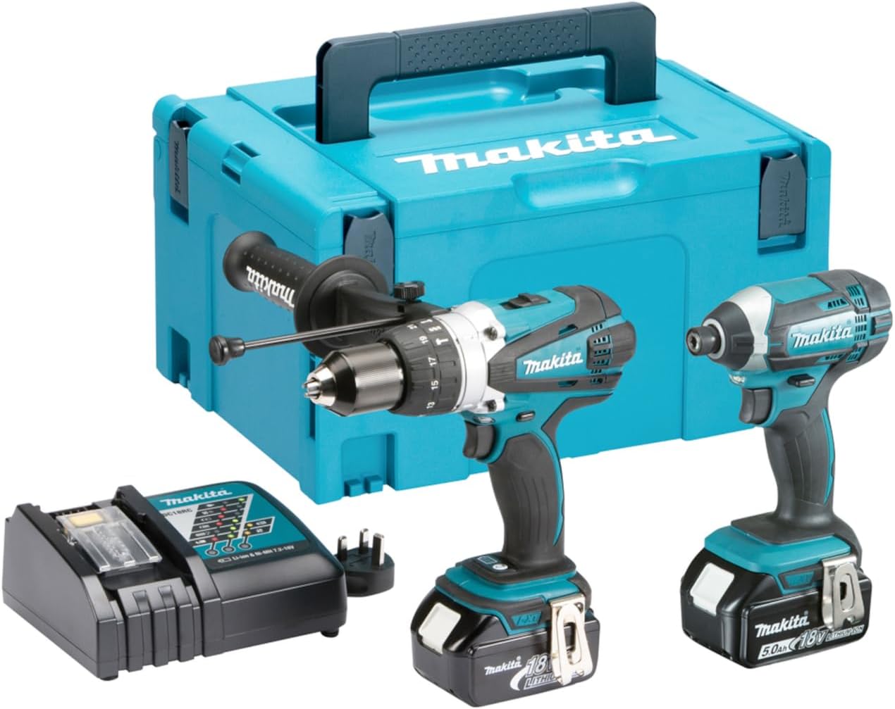 Makita - DHP458 + DTD152 + DC18RC + BL1850Bx2 Combo Kit, 18V 2 X 5Ah LI-ION Hammer Drill/Impact Driver Kit, 1 Piece, dlx2145tj
