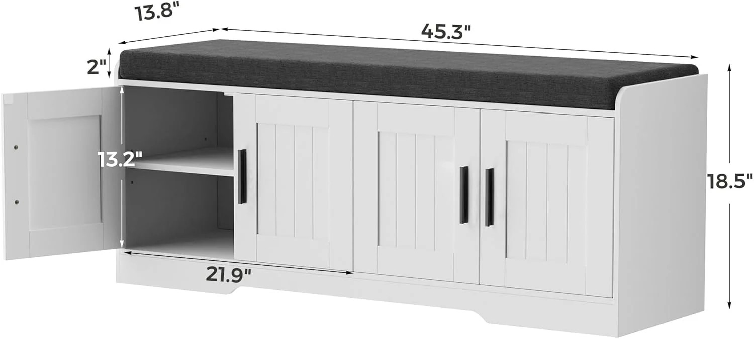 Homleke kétszintes tárolópad, cipőpad vastagított párnázott ülőpárnával, előszobai pad 4 ajtóval, állítható polccal, 35 cm mély x 115 cm széles x 47 cm magas, előszobába, nappaliba, hálószobába, fehér