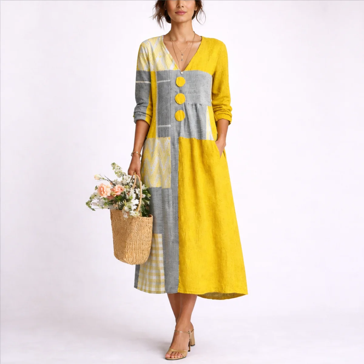 Womena??s Linen Blend Midi Dress Wrap-Inspired Summer Style