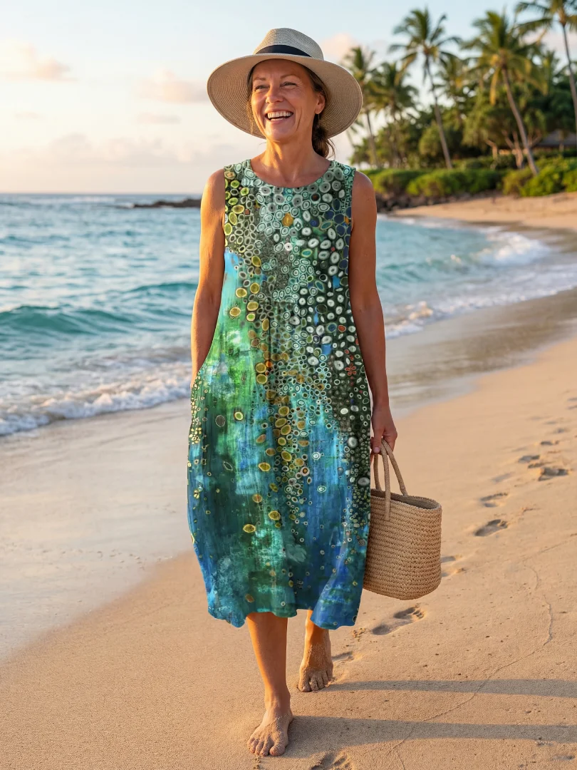 Women��s Abstract Circular Midi Dress Lightweight Sleeveless Summer Style