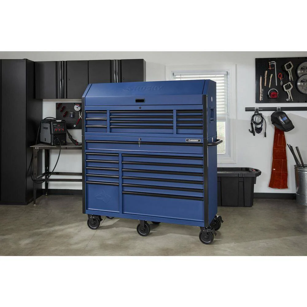 2025 56 inch W x 22 inch D Heavy-duty combination tool trolley with 23 drawers and tool cabinet in matte blue