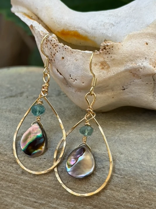 Hammered Gold Oval Hoops w/ Abalone