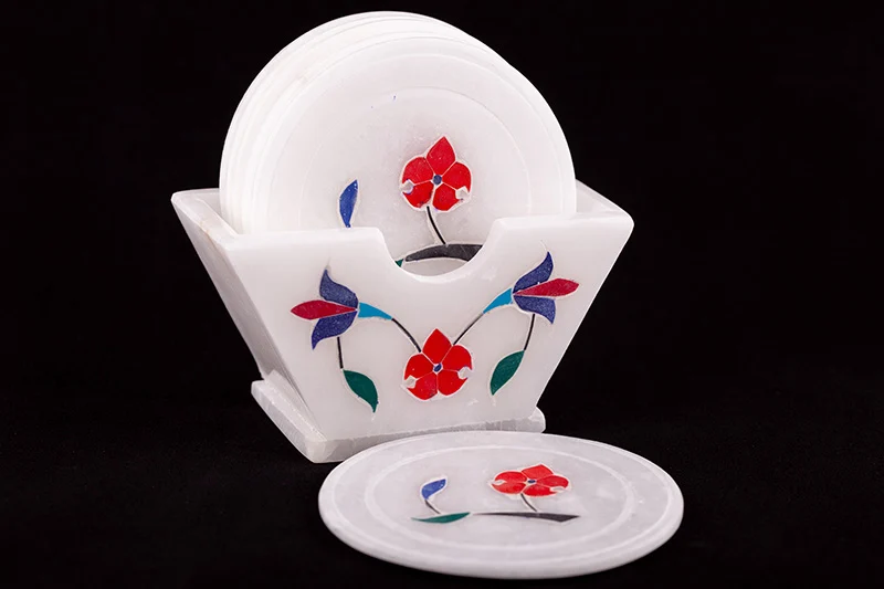 Crimson Floret Coaster With Stand, Set of 6