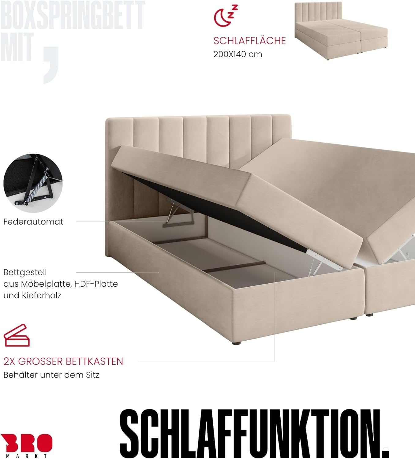 BROMARKT Boxspringbett mit Bonell Matratze Härtegrad H3 140x200cm Polsterbett mit Bettkasten Doppelbett mit Topper gepolsterte Kopfstütze Bett für Schlafzimmer Denver Hellgrau