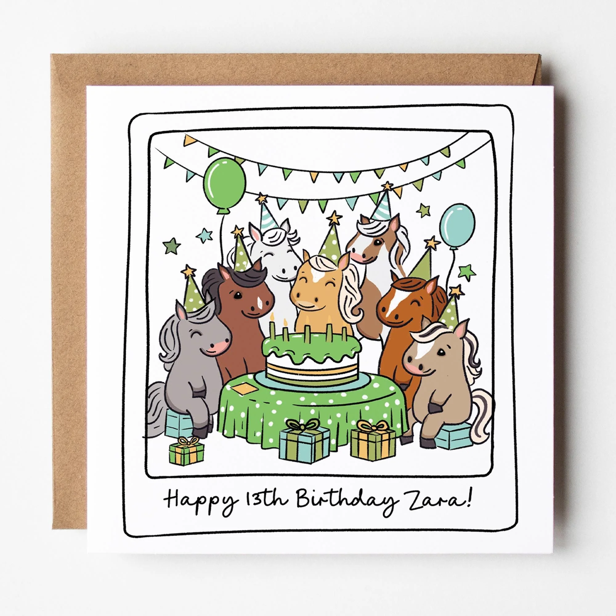 Pony Birthday Card: Horse Tea Party Scene, Personalised with Kraft envelope