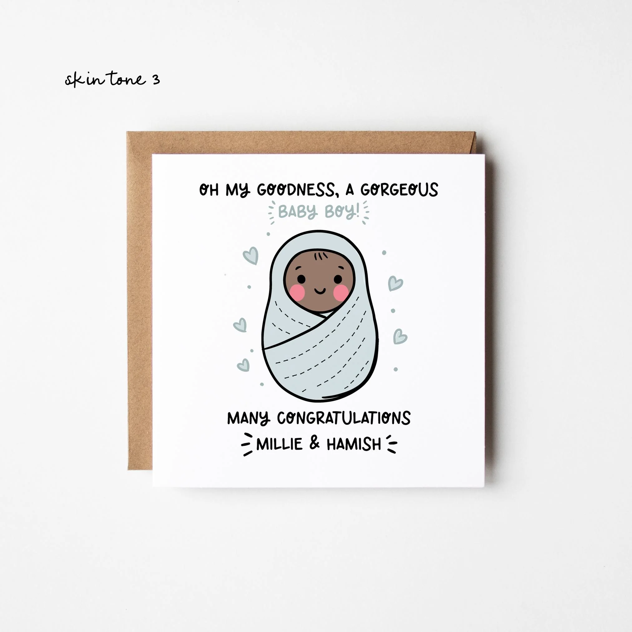 New Baby Boy Card 3 Skin Tones ? Personalised New Baby Card ? Congratulations New Baby Boy Card ? Boy's Birth ? Baby Reveal
