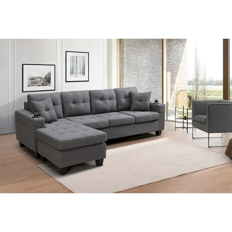 Sectional Sofa Living Room with L Shape Chaise Lounge and cup holder